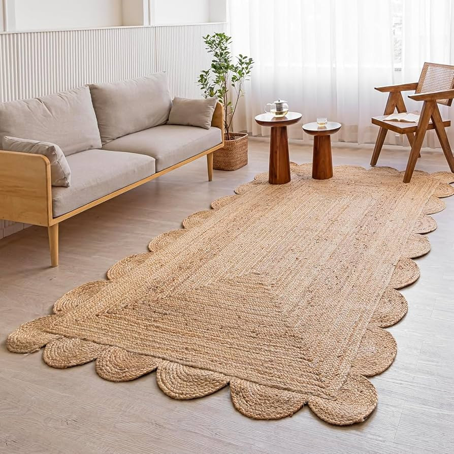HOMEMONDE Natural Handwoven 6x9 ft Jute Area Rug - Scalloped Braided Rustic Farmhouse Indoor Rugs... | Amazon (US)