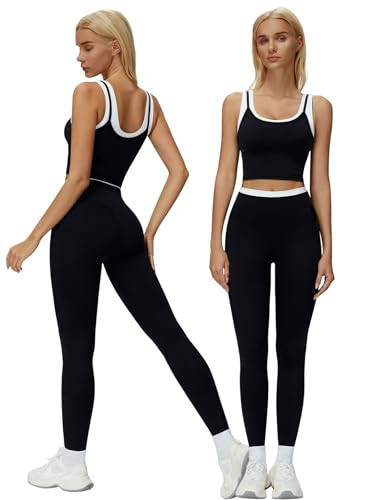 Womens Workout Sets Two Piece Racerback Color Block Tank Tops Matching Tummy Control High Waist Leggings 2 Piece for Women Gym Yoga Active Wear Outfits Athletic Work Out Set U Back Black XS | Amazon (US)