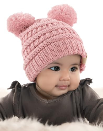 Funky Junque Infant Newborn Pom Pom Beanie Baby Girl Warm Winter Knit Double Pom Pom Hat - Pale Pink - Double Pom | Amazon (US)