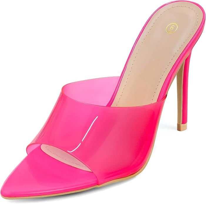 mysoft Women's Pointed Toe Clear Stilettos Transparent Strap Slip On High Heeled Mules | Amazon (US)