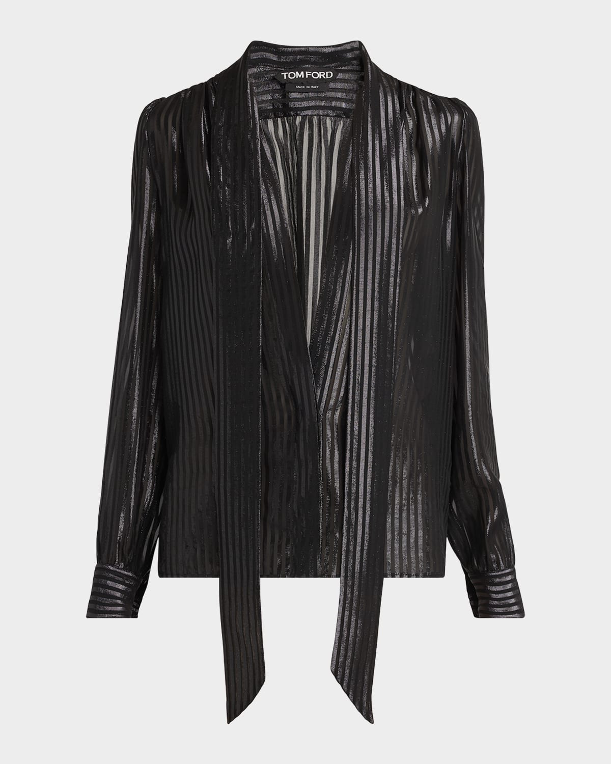 Metallic Striped Lavalliere Plunging Blouse | Neiman Marcus