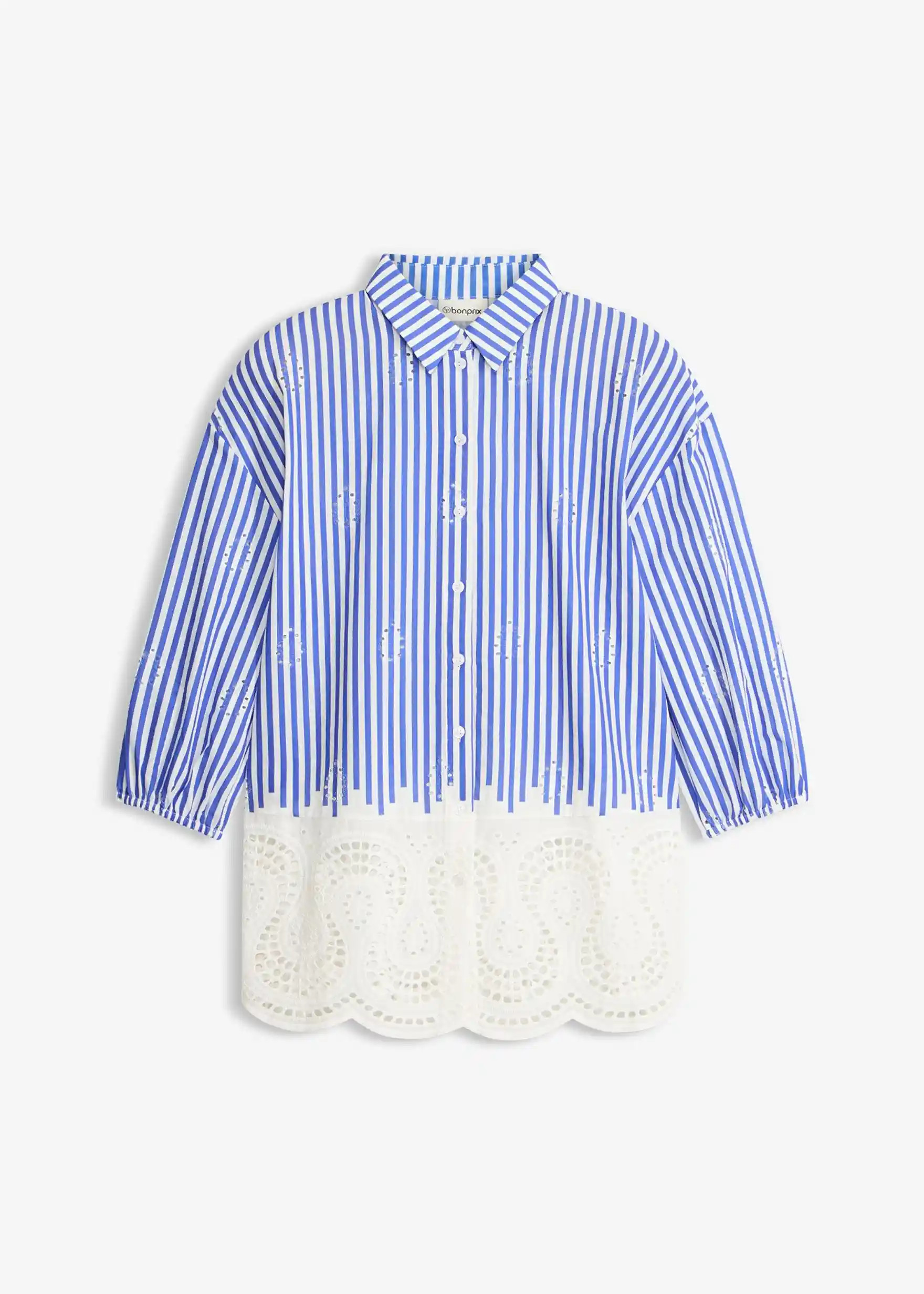 Oversize-Bluse aus reiner Baumwolle mit Lochstickerei am Saum und Knopfleiste vorne | Bonprix DE