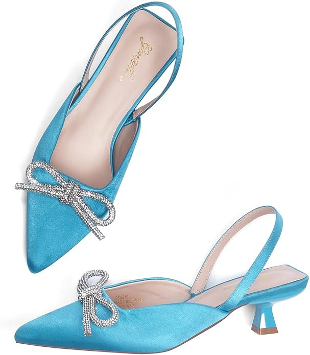 GENSHUO Slingback Rhinestone Bow Heels for Women Closed Pointed Toe Kitten Pumps Slip On Stiletto... | Amazon (US)