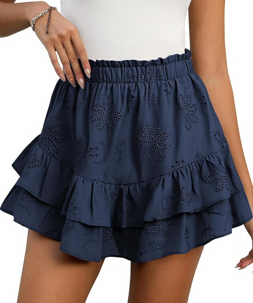 ECOWISH Flowy Mini Skirts for Women with Shorts Underneath Ruffle Tiered Skorts Elastic High Wais... | Amazon (US)