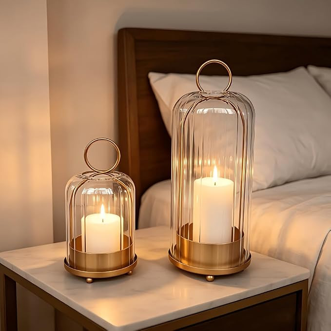 Set of 2 Hurricane Glass Wide Versatile Candle Holders Hanging Brass Metal Candle Holder for Pill... | Amazon (US)