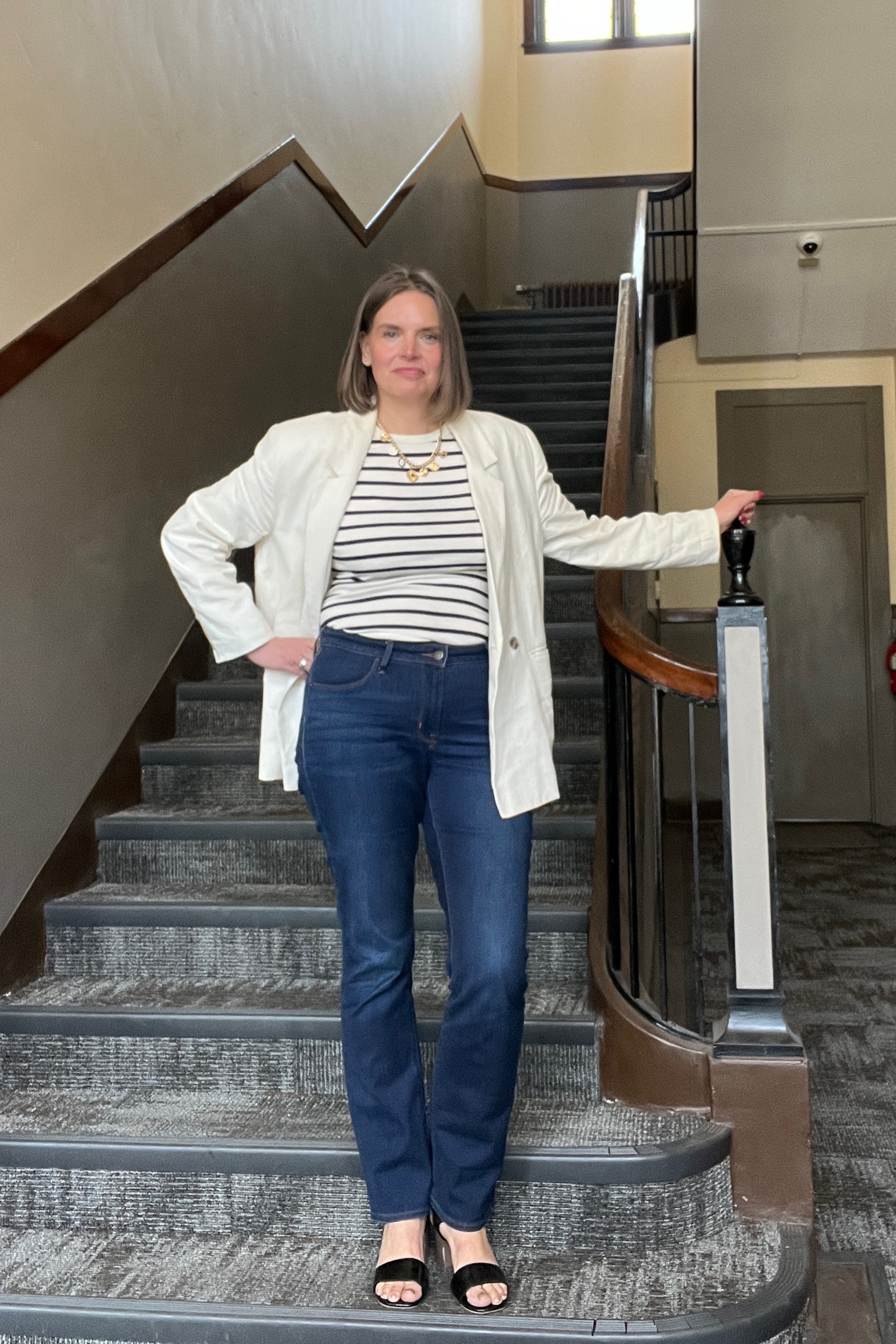 Spring capsule wardrobe code: Blazer + striped shirt + dark denim + black sandals #LTKover40 #LTKmidsize

#LTKSeasonal