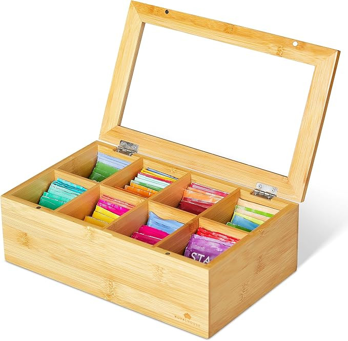 RoyalHouse Big Natural Bamboo Tea Storage Organizer with Clear Acrylic Top Window, 8 Compartments... | Amazon (US)