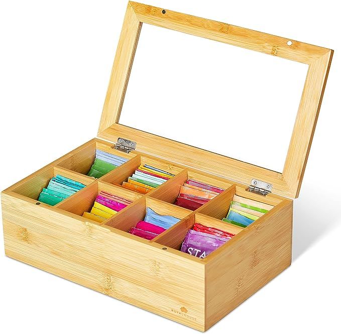 RoyalHouse Big Natural Bamboo Tea Storage Organizer with Clear Acrylic Top Window, 8 Compartments... | Amazon (US)