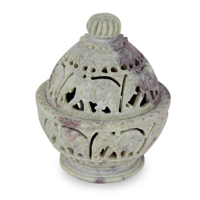 Indian Elephant Theme Hand Carved Soapstone Decorative Jar | NOVICA