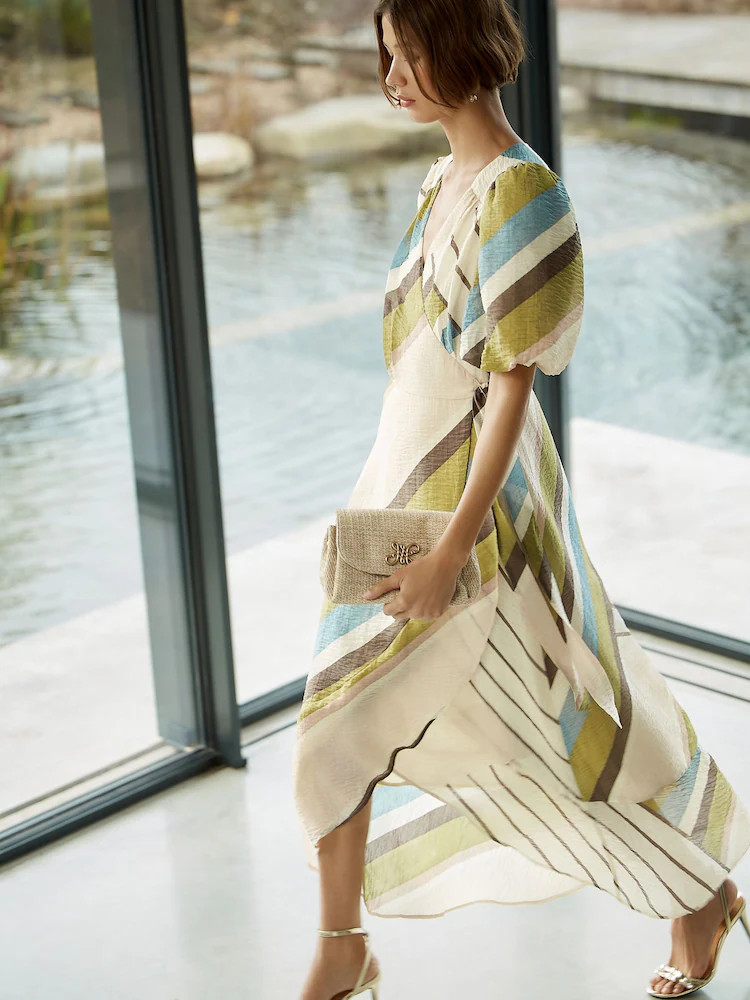 Ecru/Green Stripe Puff Short Sleeve Wrap Occasion Midi Dress | Next US