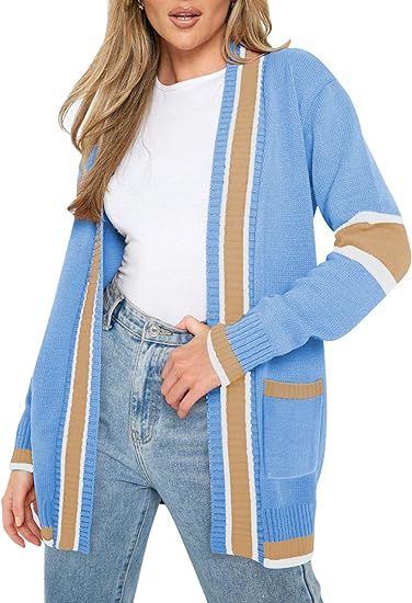 HUUSA Women's Long Open Front Cardigans Striped Loose Knit Sweaters Outwear Coat | Amazon (US)