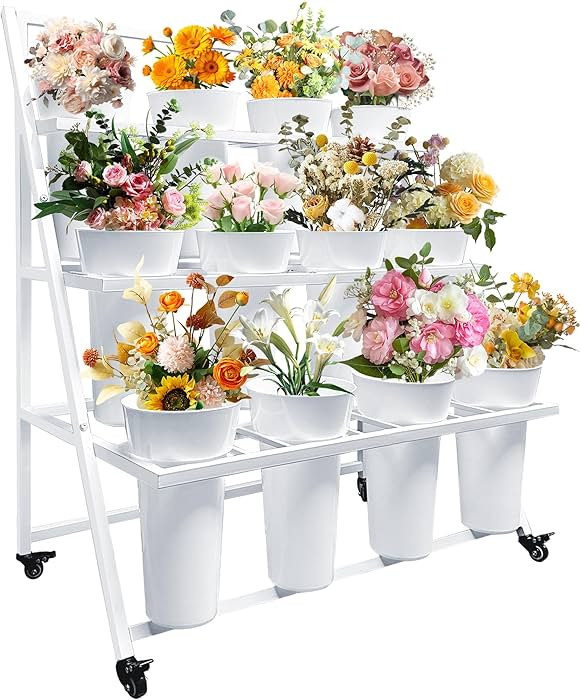 Flower Stand with 12 Buckets, Flower Display Stand with Wheels, Flower Cart, Moving Florist Bouqu... | Amazon (US)