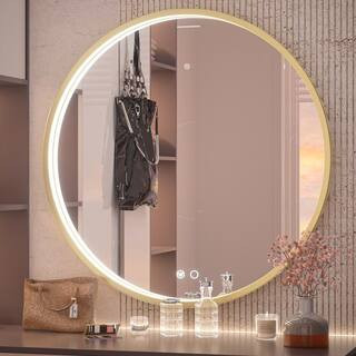 32 in. W x 32 in. H Large Round Framed Metal Modern Wall Mounted Bathroom Vanity Mirror in Gold | The Home Depot