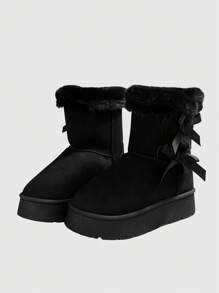 ROMWE Kawaii Women's Faux Fur Bow Fleece Snow Boots | SHEIN