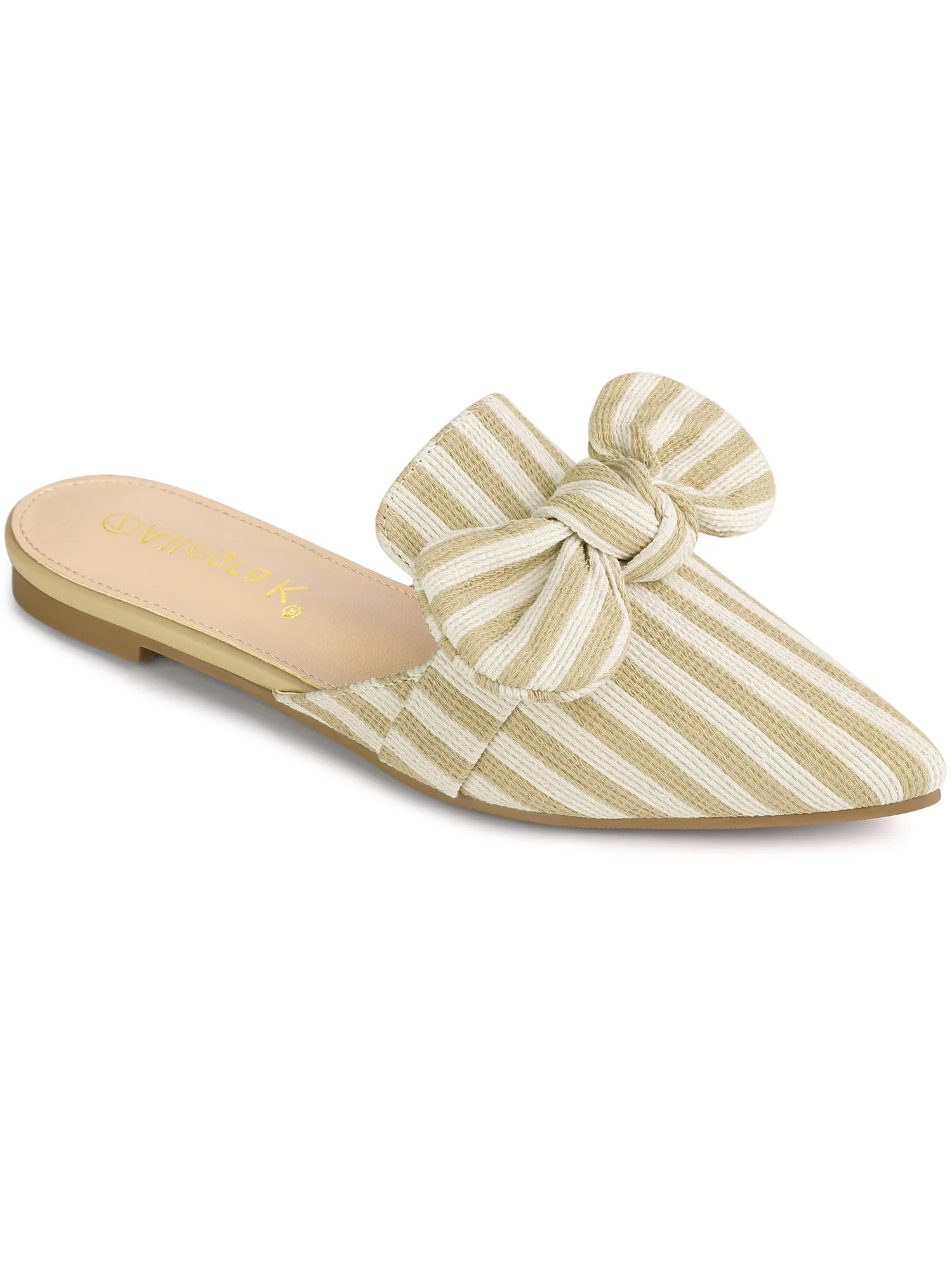 BLISSFUL STEP Women's Pointed Toe Stripe Bow Slide Flats Mules Beige 6 | Walmart (US)