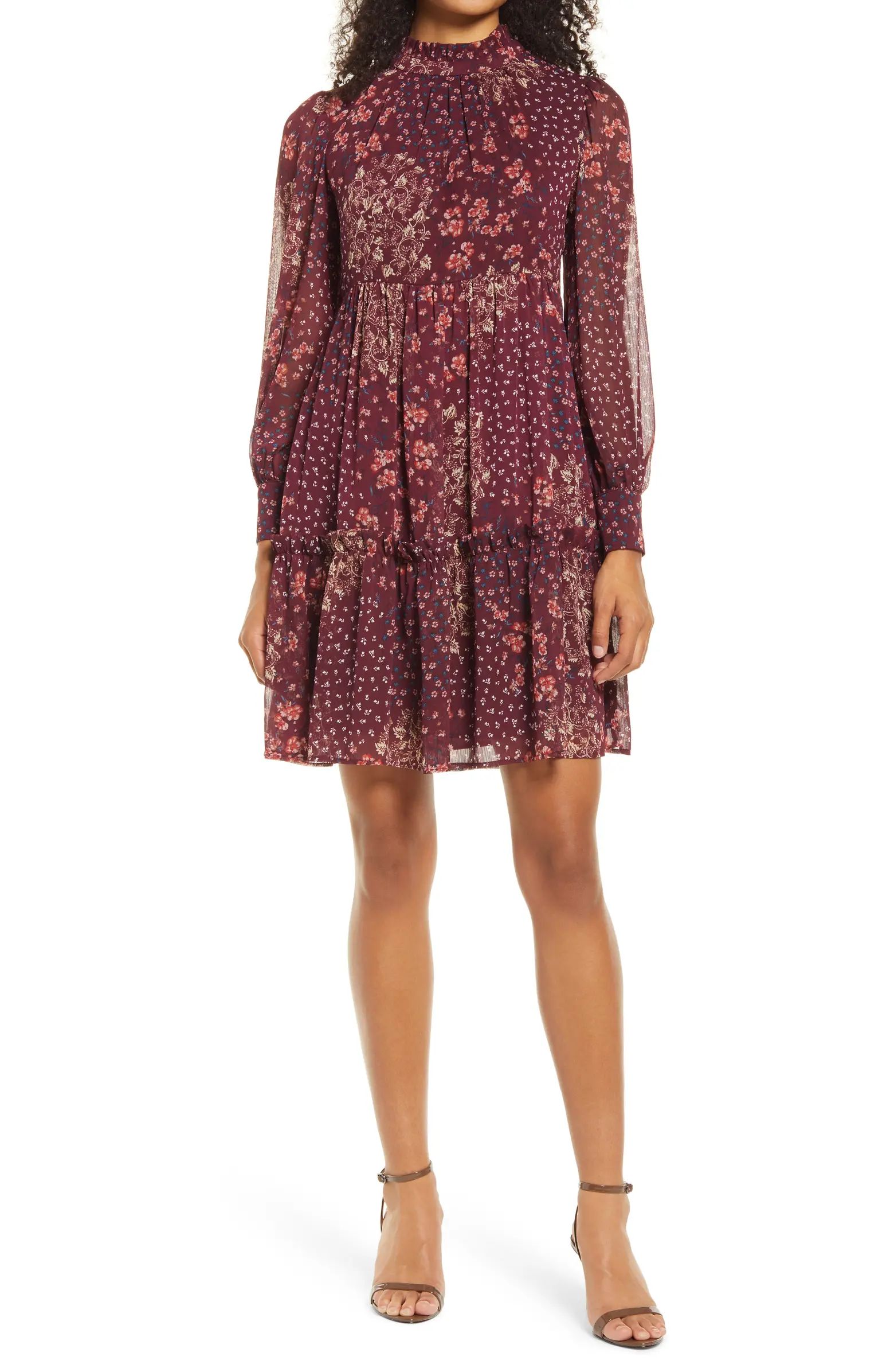 Eliza J Mix Floral Long Sleeve Chiffon Minidress | Nordstrom | Nordstrom