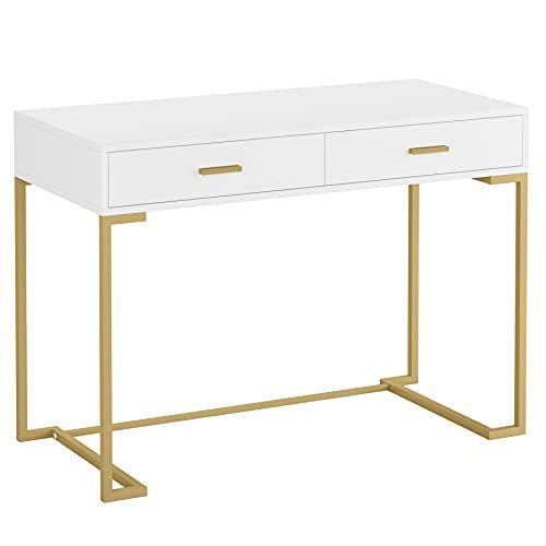 Computer Desk with Drawers, White and Gold Writing Desk Desk with 2 Drawers, Simple and Modern Wh... | Amazon (US)