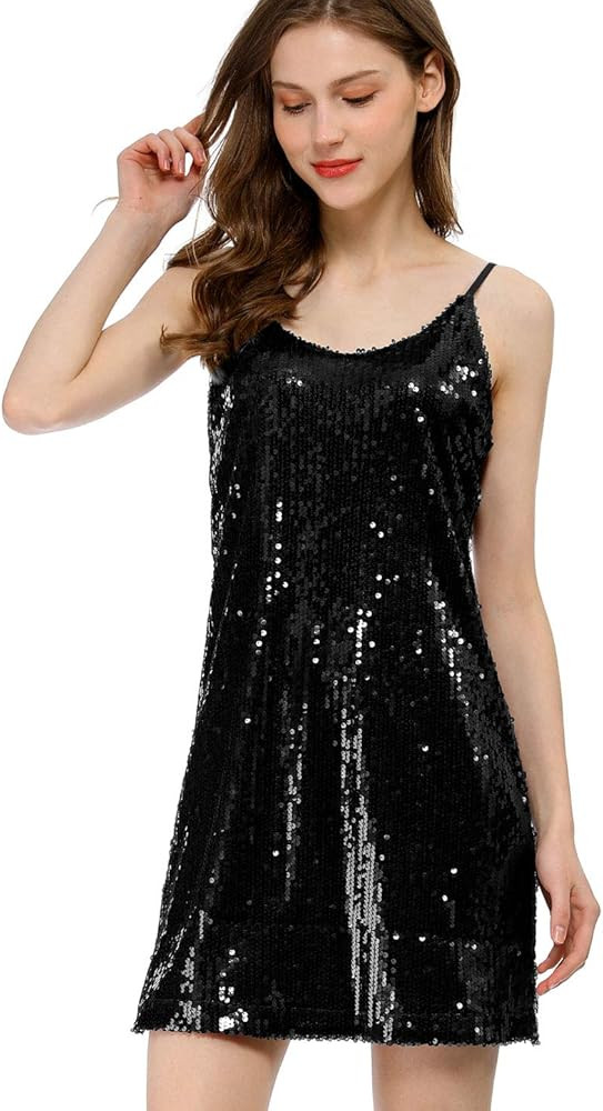 Allegra K Women's Halloween Glitter Sequin V Neck Spaghetti Strap Mini Party Dress Clubwear | Amazon (US)