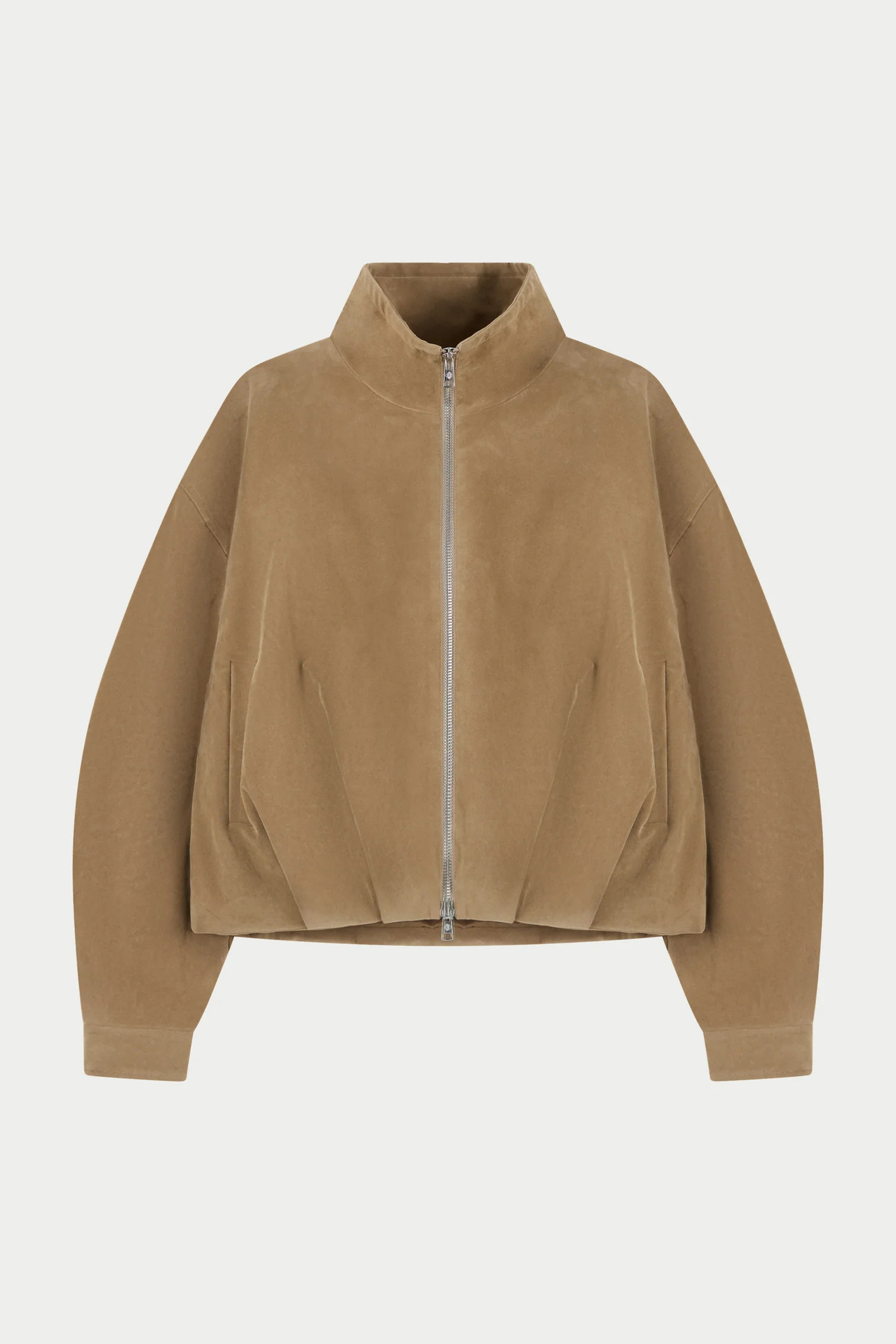 FAUX SUEDE FUNNEL NECK JACKET - BEIGE | The Couture Club