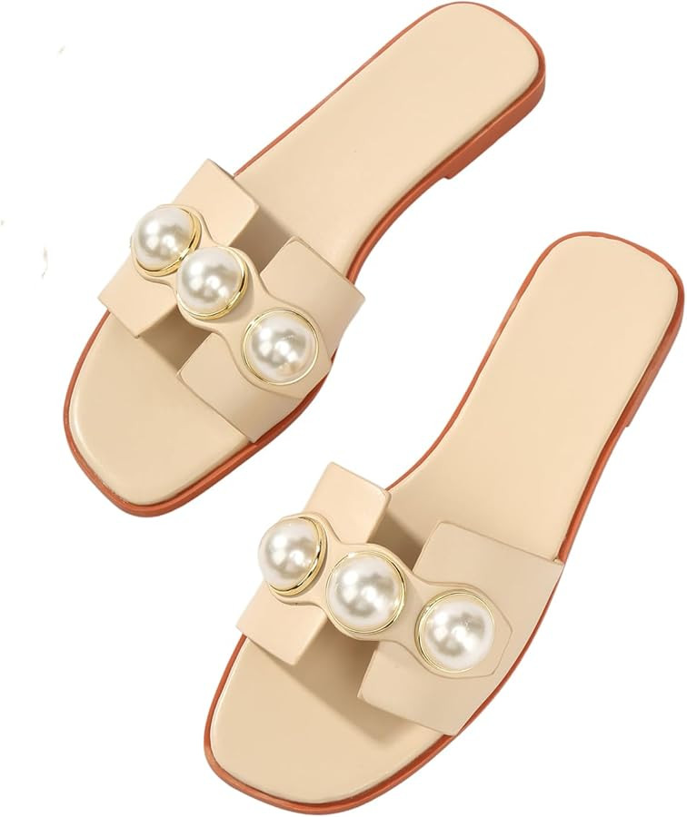 Verdusa Women's Flat Sandals Pearl Sandals Square Toe Summer Slip On Flat Shoes | Amazon (US)