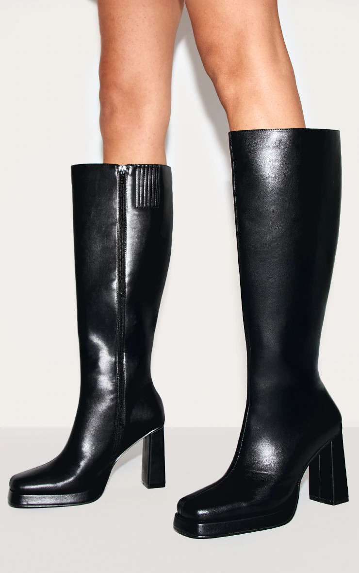 Black PU Square Toe Slight Platform Knee High Heeled Boots | PrettyLittleThing US