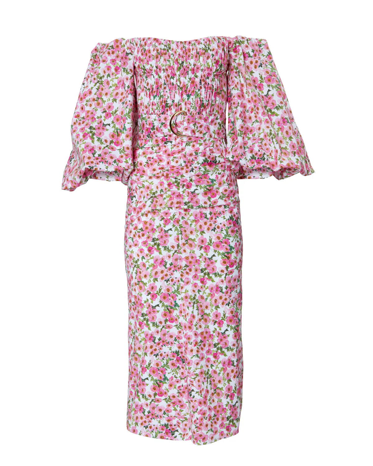 Off-The-Shoulder Midi Dress in Pink Floral | Over The Moon