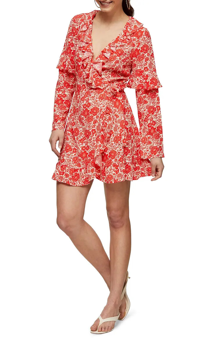 Floral Print Ruffle Long Sleeve Wrap Minidress | Nordstrom