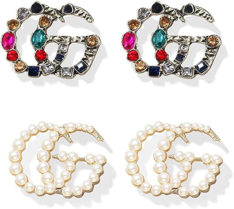 2 Pairs C Stud Earrings for Women CC Earrings for Women Girls Colorful Crystal Dangling Drop Stat... | Amazon (US)