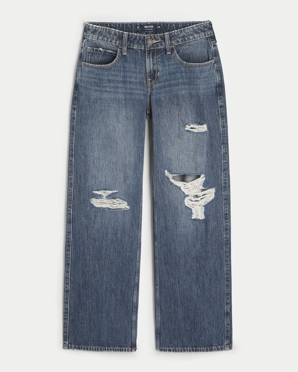 Low-Rise Dark Wash Ripped Baggy Jeans | Hollister (US)