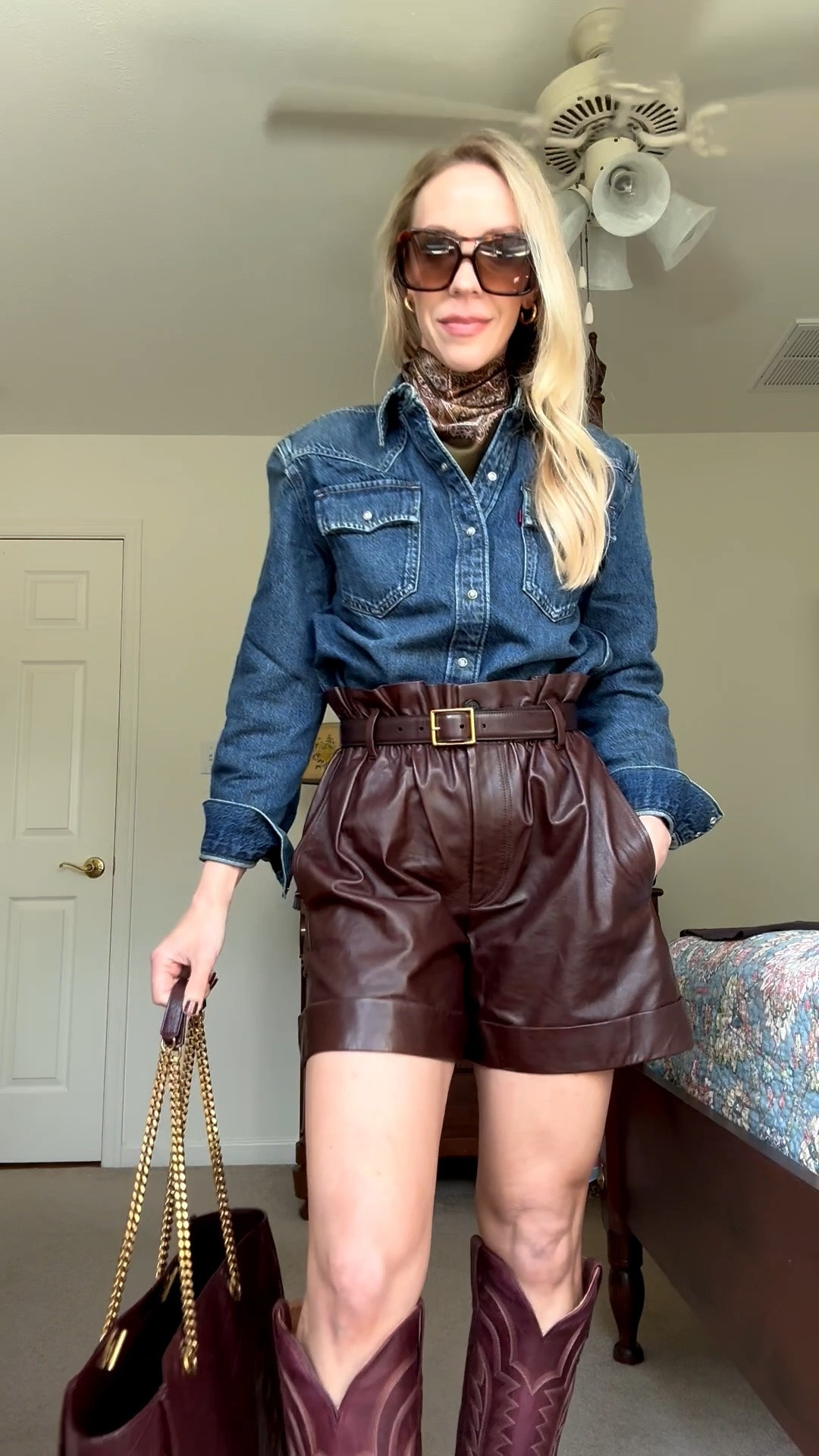 Western fall outfit with paisley silk scarf, @levi denim shirt, leather shorts

#LTKSeasonal #LTKOver40 #LTKootd