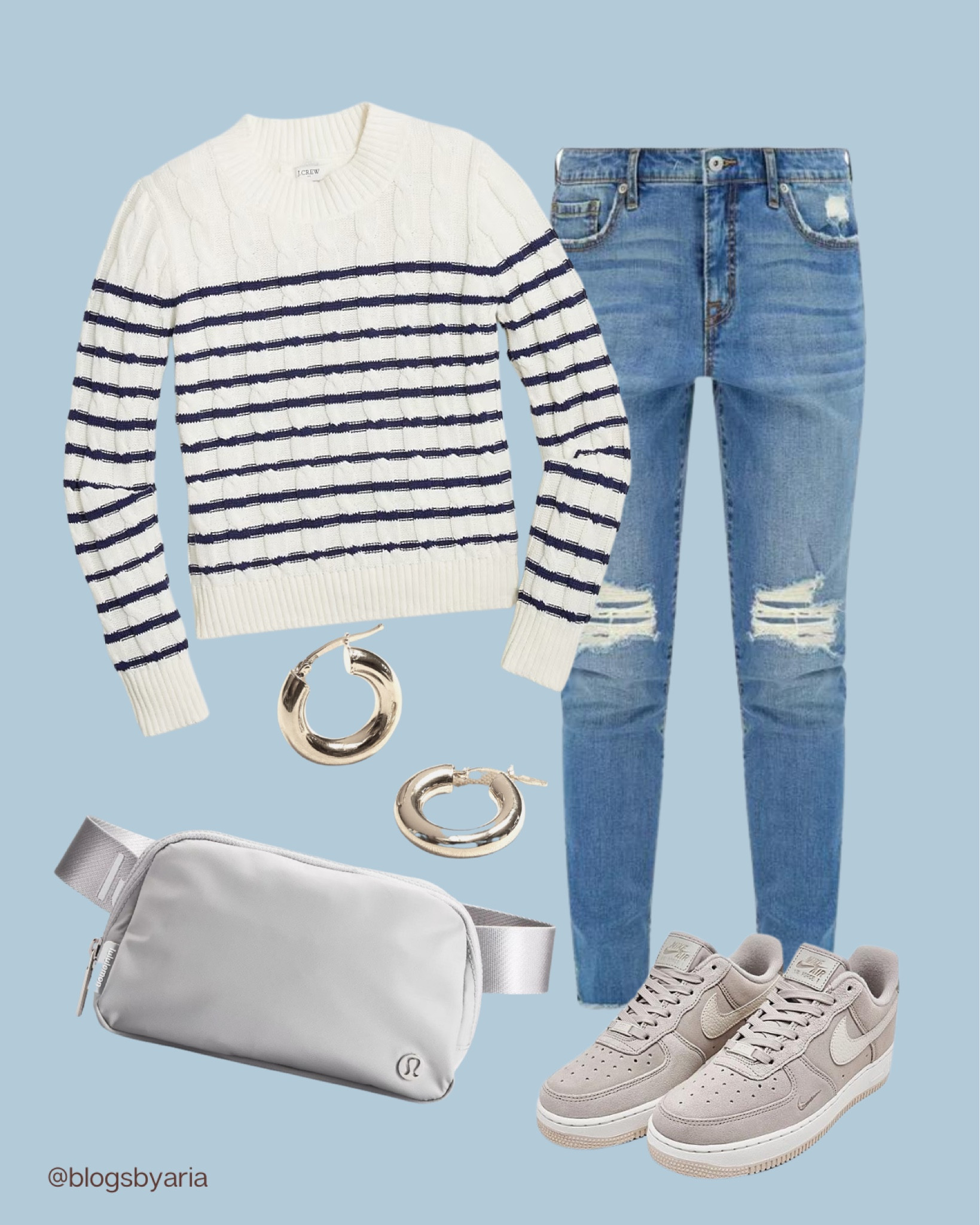 Casual outfit idea 🤍 white sweater with navy stripes, distressed boyfriend jeans, small silver hoop earrings, silver belt bag, neutral Air Force ones 

#LTKunder50 #LTKstyletip #LTKFind