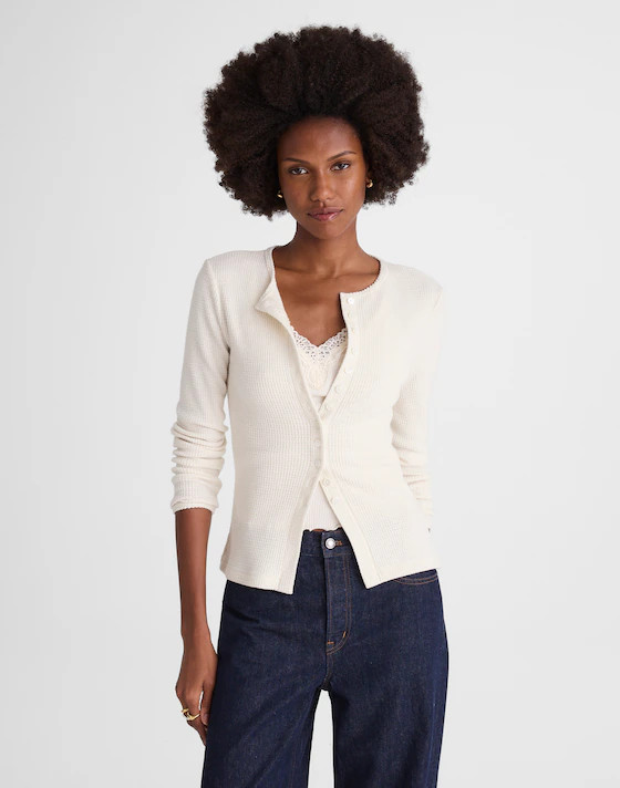 Waffle-Knit Cutaway Crewneck Cardigan | Madewell