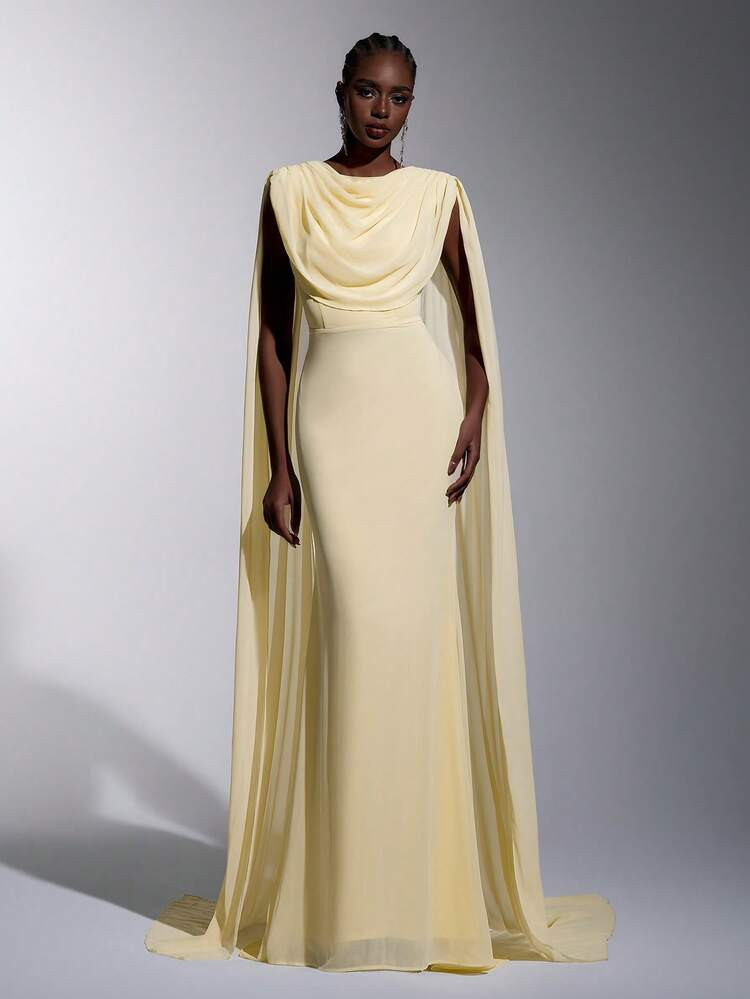 Elitara Elegant, , Fashionable Yellow Chiffon Ruffle Neck Fishtail Hem Formal Dress, Suitable For... | SHEIN
