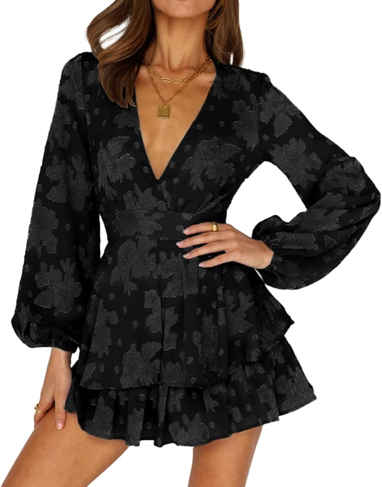 BTFBM Women Casual Rompers Deep V Neck Lantern Long Sleeve Tie High Waist Floral Print Fall Ruffl... | Amazon (US)