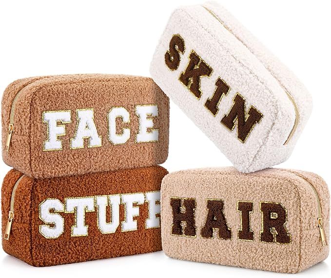Paterr 4 Pcs Chenille Letter Preppy Patches Makeup Bag Plush Fuzzy Makeup Bag Hair Skin Face Stuf... | Amazon (US)