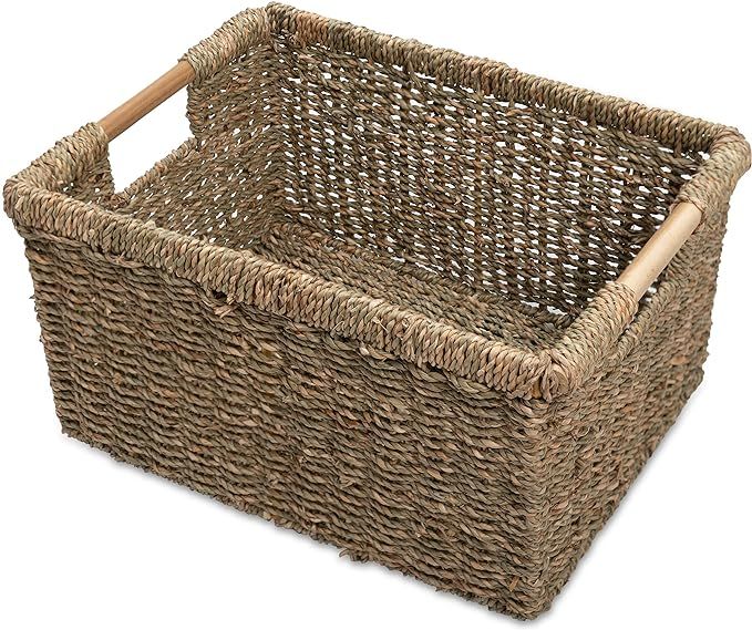 Large Wicker Storage Basket with Wooden Handles, Seagrass Baskets for Shelves, Natural Basket Wit... | Amazon (US)