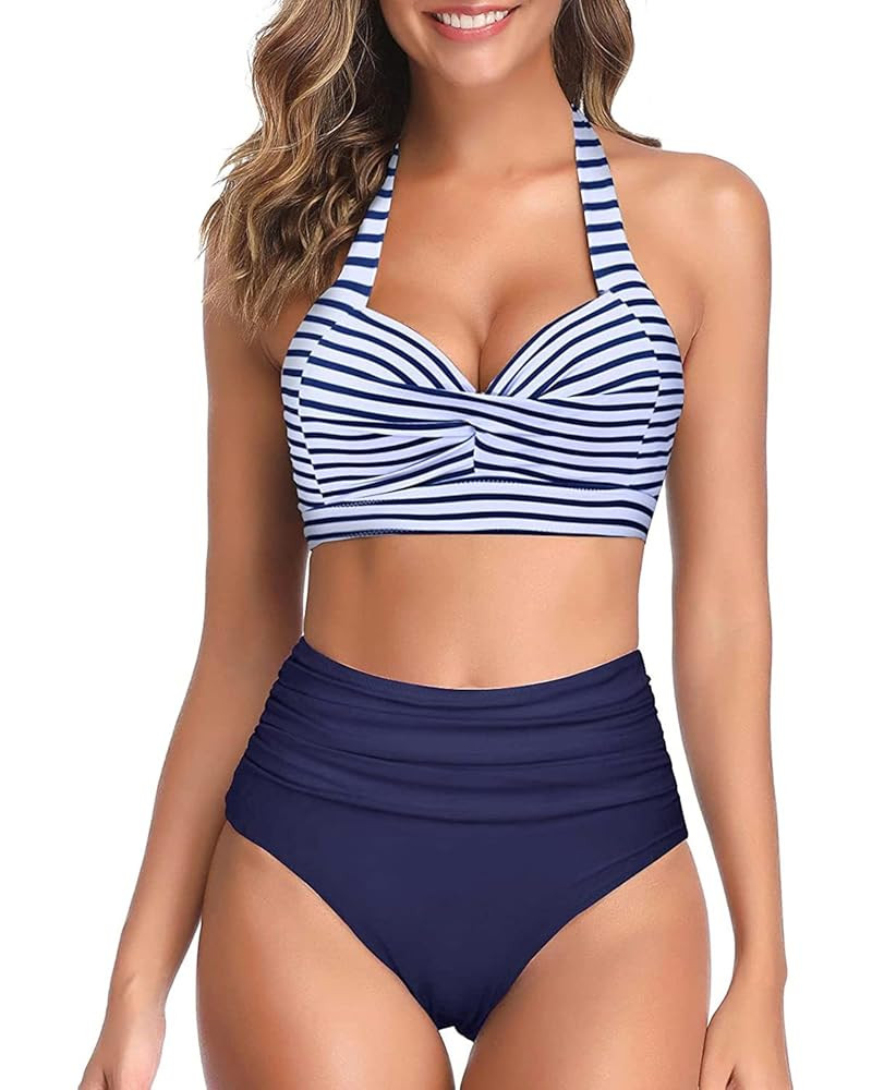 Tempt Me Women Two Piece Vintage Swimsuit Retro Halter Ruched High Waist Bikini with Bottom | Amazon (US)