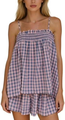 Women Gingham Two Piece Set Sleeveless Babydoll Tank Top and Plaid Shorts Pajama Set Sleepwear Y2... | Amazon (US)