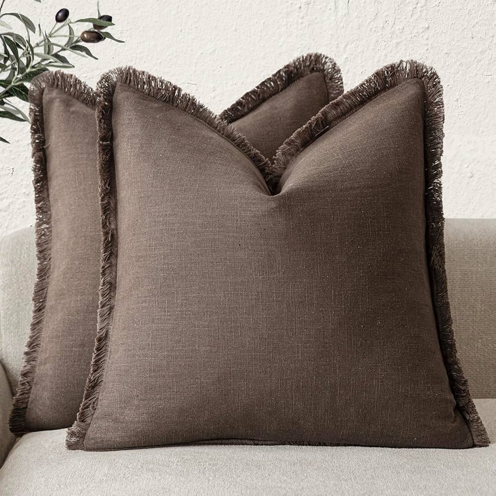 Foindtower Set of 2 Decorative Linen Fringe Throw Pillow Covers Boho Farmhouse Cushion Cover with... | Amazon (US)