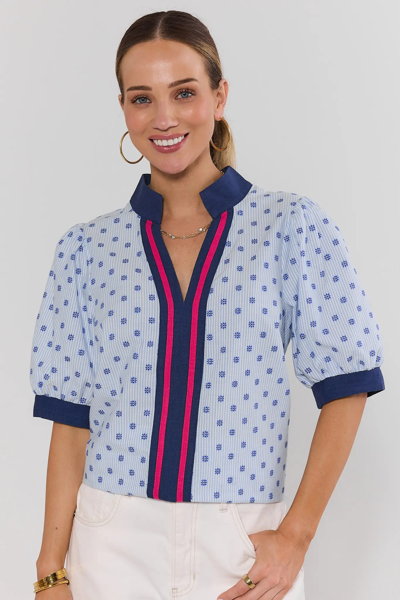 Blue Pinstripe Embroidered Dot Top | Avara