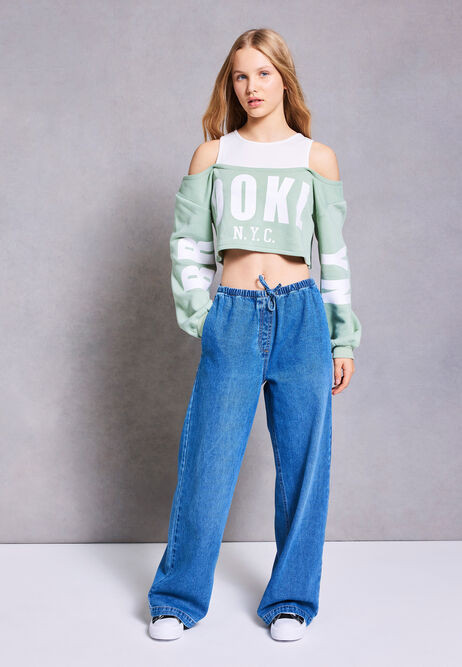 Older Girls Blue Denim Wide Leg Draw Waist Jeans | Peacocks