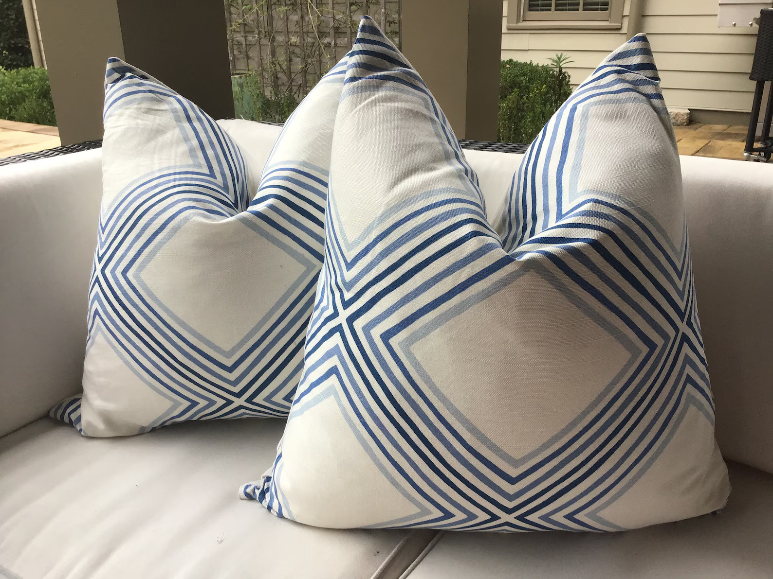 Schumacher pillow cover in “SQUARE DANCE” in blue and white Coordinating Linen Backing | Etsy (US)