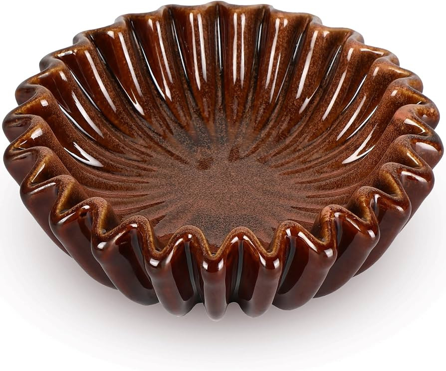 Brown Ceramic Large Decorative Bowl 7.9" Modern Scalloped Ruffle Home Decoration Accent Bowl Hand... | Amazon (US)