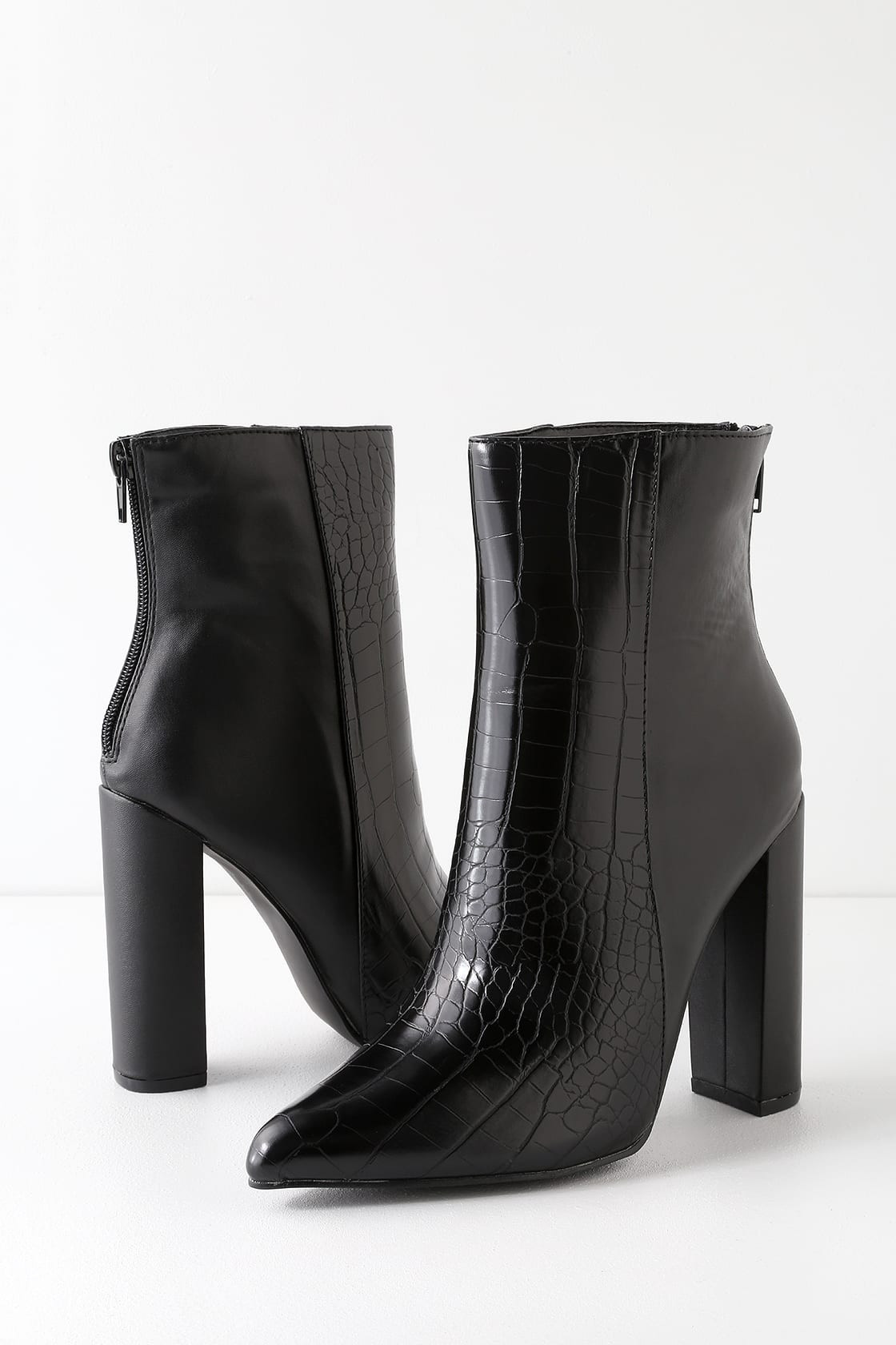Karin Black Crocodile Embossed Two-Tone High Heel Booties | Lulus