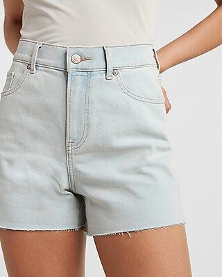 High Waisted Light Wash Raw Hem Jean Shorts | Express