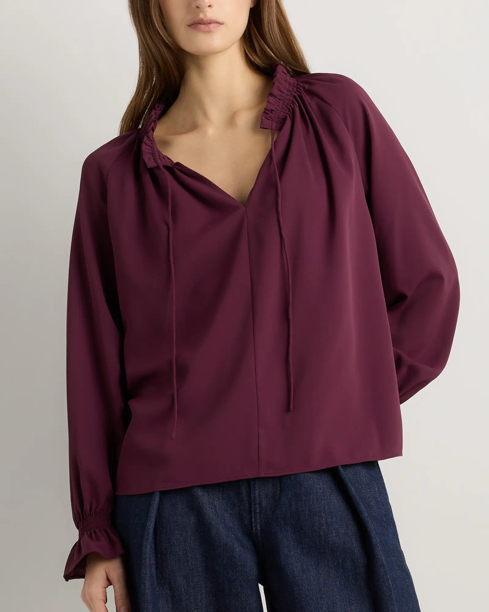 Drapey Chiffon Split Neck Long Sleeve Blouse in Barolo Burgundy | Quince