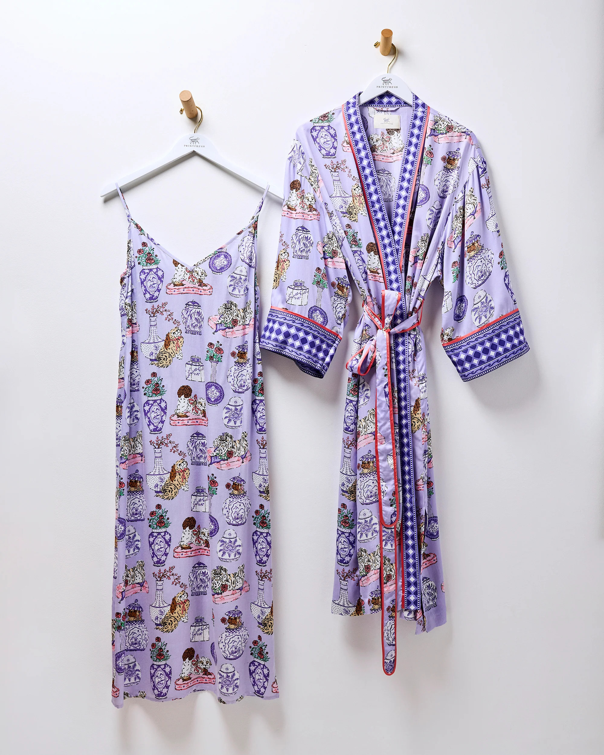 Eco Silky Nightie & Robe Bundle in Fancy Dogs | Women's XS | Purple | Sleepwear | Printfresh