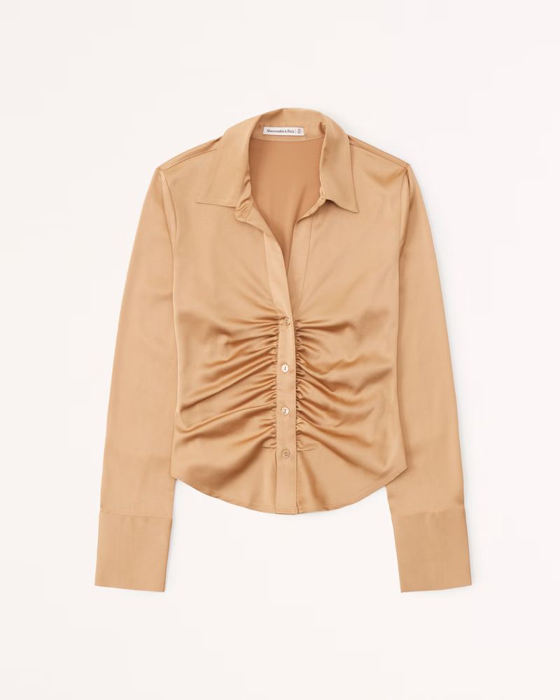 Women's Long-Sleeve Satin Ruched Button-Up Shirt | Women's Tops | Abercrombie.com | Abercrombie & Fitch (US)