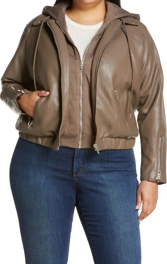 Faux Leather Jacket with Hooded Bib Insert | Nordstrom