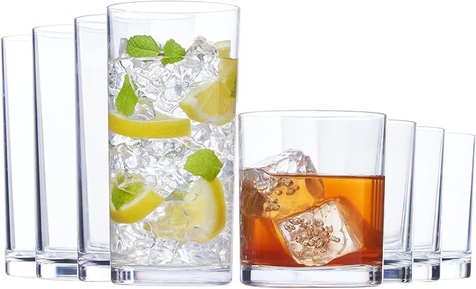 US Acrylic Classic Clear Plastic Reusable Drinking Glasses (Set of 8) 12oz Rocks & 16oz Water Cup... | Amazon (US)